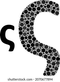Sigma Greek lowercase letter vector collage of round dots in various sizes and color hues. Round dots are organized into Sigma Greek lowercase letter vector collage. Abstract vector illustration.