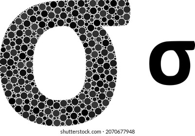 Sigma Greek lowercase symbol vector collage of dots in different sizes and color tints. Circle dots are grouped into Sigma Greek lowercase symbol vector illustration. Abstract vector illustration.