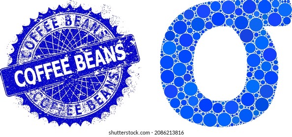 Collage del vector del símbolo negro Sigma de puntos redondos de varios tamaños y tonos azules, y sello de goma de los frascos de café. El sello de sello de rosette azul redondo y agudo incluye la etiqueta de café.