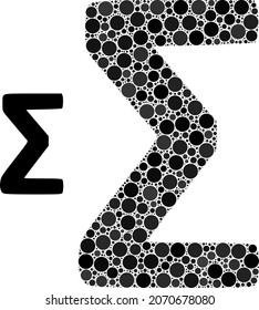Sigma Greek symbol vector composition of round dots in variable sizes and color tinges. Round dots are combined into Sigma Greek symbol vector composition. Abstract vector design concept.