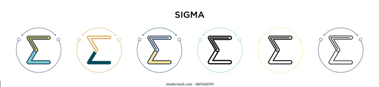 Sigma icon in filled, thin line, outline and stroke style. Vector illustration of two colored and black sigma vector icons designs can be used for mobile, ui, web