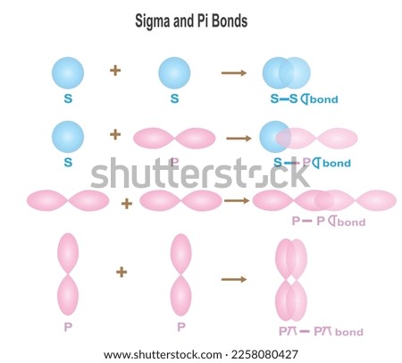 sigma and pi bonds,sigma bonds are formed by head to head overlap and pi bonds are formed by lateral overlap of two atomic orbitals, vector illustration.