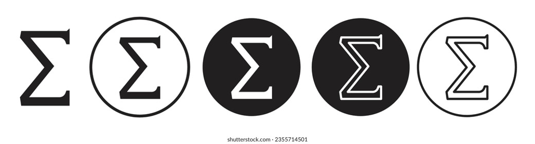 Símbolo de Sigma. Forma griega del icono de letra matemática. Conjunto de vectores del valor de carácter sigma utilizado en la fórmula matemática. Esbozo plano de la tipografía del tipo de letra de la cognición algebra diagonal. 