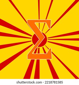Sigma symbol on a background of red flash explosion radial lines. The large orange symbol is located in the center of the sun, symbolizing the sunrise. Vector illustration on yellow background