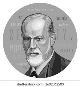 Sigmund Freud - Father Of Psychoanalysis, Portrait. Ego, Superego, Libodo, Sexuality. Vector Illustration