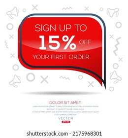 Registrieren Sie sich bis zu 15 % Rabatt auf Ihre erste Bestellung, Vektorgrafik.