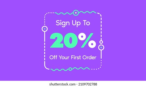 Sign up to 20% off your first order. Sale promotion poster vector illustration. Big sale and super sale coupon code percent discount gift voucher in very peri purple color