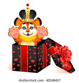 sign 2010 years is a beautiful little tiger in a crown on a bright abstract background