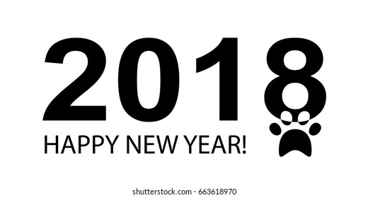 Sign 2018 New year with a trace of the dog, paw print. Element for holiday design. Vector illustration.