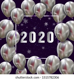 Sign 2020, balloons and snowflakes.