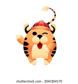 Sign of 2022 chinese new year. Cute funny tiger is a symbol of coming 2022. Little tiger wearing traditional chinese red hat. Happy character for oriental calendar design. Vector isolated illustration