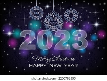 Sign 2023 with soft glow and Christmas balls. Dark blue background with luminescent glowand stars. New Year greeting card or invitation. Background with swirl and bright highlights. 