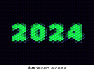 Signo del año 2024 con cuadrícula de píxeles hexagonales. Número o dígitos de Año Nuevo para la tarjeta o calendario de celebración de vísperas de feriado.