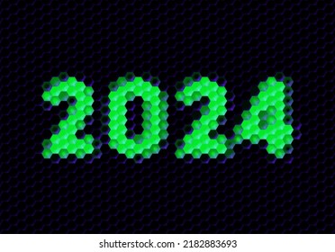 Sign of the 2024 year with hex pixel grid. New Years number or digits for holiday eve celebration card or calendar.