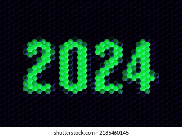 Sign of the 2024 year with hex pixel grid. New Years number or digits for holiday eve celebration card or calendar