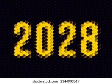 Sign of the 2028 year with hex pixel grid. New Years number or digits for holiday eve celebration card or calendar.