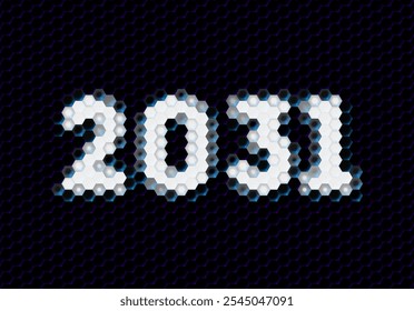 Zeichen des Jahres 2031 mit hexadezimalem Pixelraster. Jahreszahl oder Ziffern für Feiertagsausweis oder Kalender.