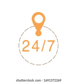 Sign 24 on 7, round-the-clock delivery. The work of the courier service. Colorful illustration on a white background, isolate vector 