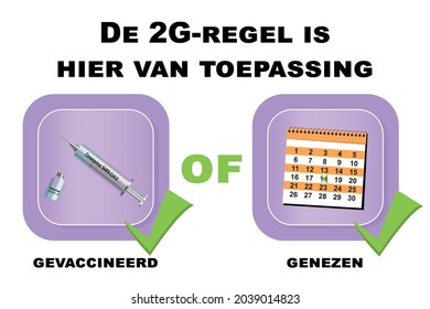 Sign with the 2G rule. Text in Dutch (The 2G rule applies here, vaccinated, recovered). vector