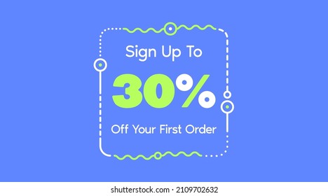 Melden Sie sich bis zu 30 % Rabatt auf Ihre erste Bestellung an. Verkaufsförderungspaket, Vektorgrafik. Gutschein für Großverkauf und Superverkauf mit Coupon-Code Prozent Rabatt in blauer Farbe
