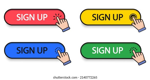 SIGN UP 3D button set with mouse pointer clicking. White background. Vector illustration.