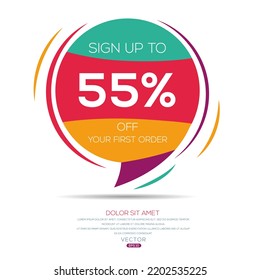 Inscríbase hasta un 55% en su primer pedido, ilustración vectorial. 