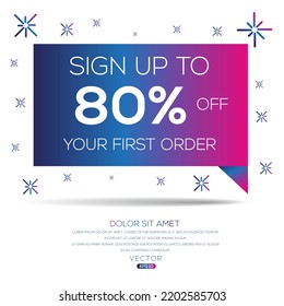 Inscríbase hasta un 80% en su primer pedido, ilustración vectorial. 