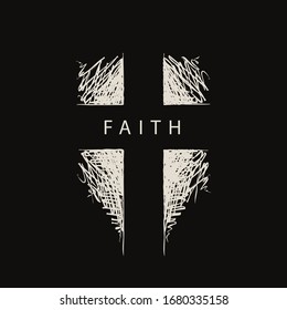 The sign of the abstract hand-drawn cross with the word Faith. Vector religious illustration. Catholic and Christian symbol. Black and white pencil drawing