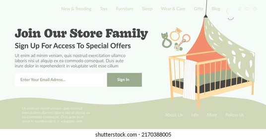 Sign up for access to special offers and join our store family. Products for kids and newborn babies. Clothes and accessories. Website landing page template, online site. Vector in flat style