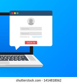 Sign in to account, user authorization, login authentication page concept. Laptop with login and password form page on screen. Vector stock illustration.