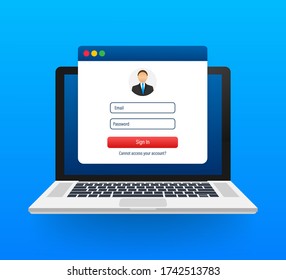 Sign in to account, user authorization, login authentication page concept. Laptop with login and password form page on screen. Vector stock illustration.