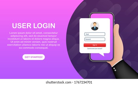 Sign in to account, user authorization, login authentication page concept. Smartphone with login and password form page on screen. Vector stock illustration.