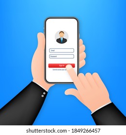 Iniciar sesión en cuenta, autorización de usuario, concepto de página de autenticación de inicio de sesión. Smartphone con inicio de sesión y contraseña página de formulario en pantalla. Ilustración de material vectorial