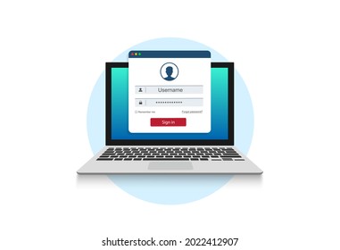 Sign in to account, user authorization, login authentication page concept. Laptop with login and password form page on screen. Vector stock illustration.
