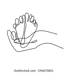 Sign of an adult parents hand holding a small childs heels. Simple line art vector illustration