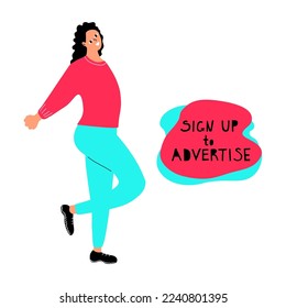 "Sign up to Advertise" a flat vector banner template with a hand-drawn style on a white background. Motivational advertising slogans in blue, black and pink colors. With girl.