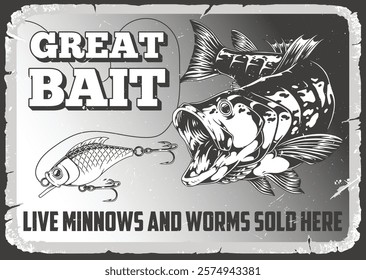 A sign advertising bait for sale features a large fish and a fishing lure. It promotes live minnows and worms appealing to local anglers in a lake area.