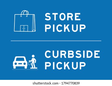 Sign Advertising Contactless in store or curbside pickup at retail store or restaurant parking lot due to covid-19 social distancing guidelines blue and white minimal vector illustration.