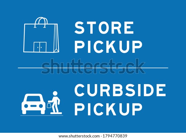 Sign Advertising Contactless in store or\
curbside pickup at retail store or restaurant parking lot due to\
covid-19 social distancing guidelines blue and white minimal vector\
illustration.