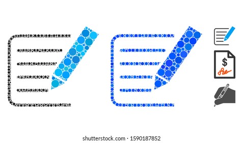 Sign agreement composition of filled circles in variable sizes and color tints, based on sign agreement icon. Vector small circles are composed into blue composition.