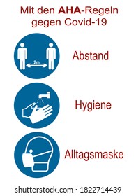 Sign with the AHA rule. German text: "With the AHA rules (distance, hygiene, everyday mask) against Covid-19." Vector file