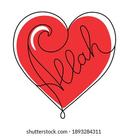 Sign of allah in the heart sketch. Abstract love symbol. Continuous line art drawing vector illustration. Isolated over white background.