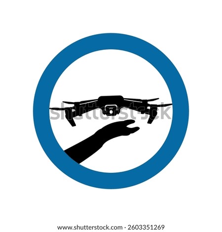 Sign allowed to operate, fly drones in area. Hand, landing, blue, circle, sticker, permission. Vector