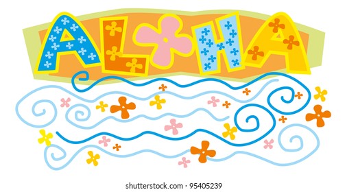 sign aloha with flowers and waves