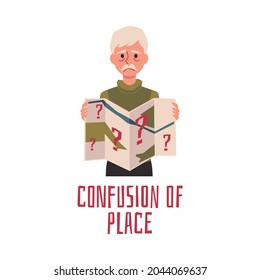 Sign of alzheimers, parkinsons disease or dementia in elderly - confusion on place. Old sad grey haired man hold map with question marks. Flat vector isolated illustration.