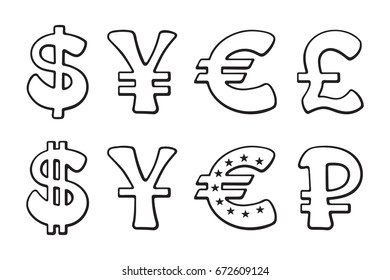 Sign of American dollar, European euro, Japanese yen and Chinese yuan, Russian ruble and British pound. Vector illustration set. Hand drawn doodles signs of world currencies