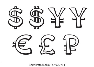 Sign of American dollar, European euro, Japanese yen and Chinese yuan, Russian ruble and British pound. Vector illustration set. Doodles silhouettes signs of world currencies