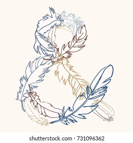 Sign Ampersand. Vector hand drawn monogram made of feathers. Perfect for posters, invitation, greeting card, webs graphics, blog, banner, logo