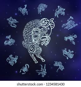sign of aries and set with signs of zodiac on space