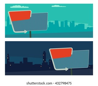 Sign with an arrow. Billboard in retro style with lights. Vector flat illustration on city night and morning background. For banner, poster, presentation.